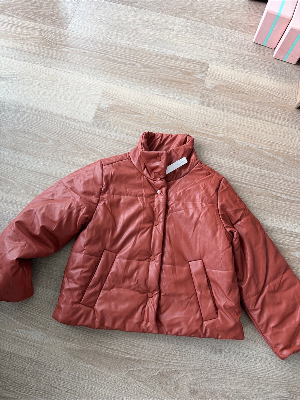 Lilla P Quilted Faux Leather Puffer Jacket in Terracotta